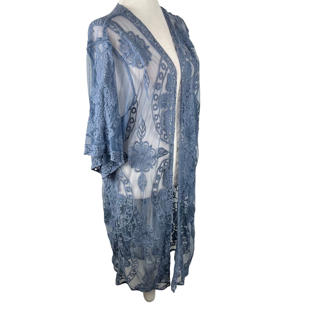 Blue Floral Mesh Kimono Duster Embroidered Sheer Fairy Romantic Ethereal Coverup